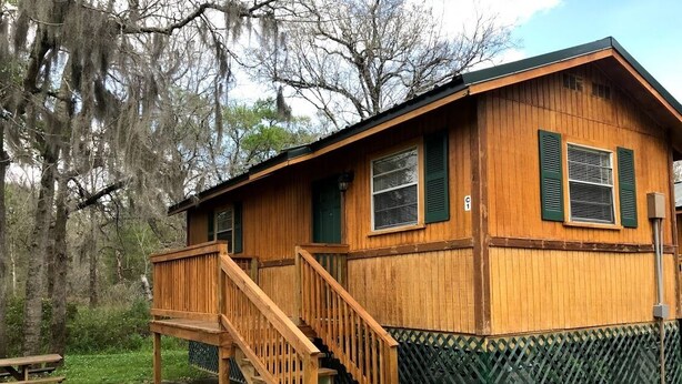 Une cabane en bois avec un escalier menant à une terrasse, entourée d’arbres et agrémentée d’une table de pique-nique.