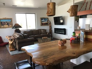 Smart TV, fireplace, books