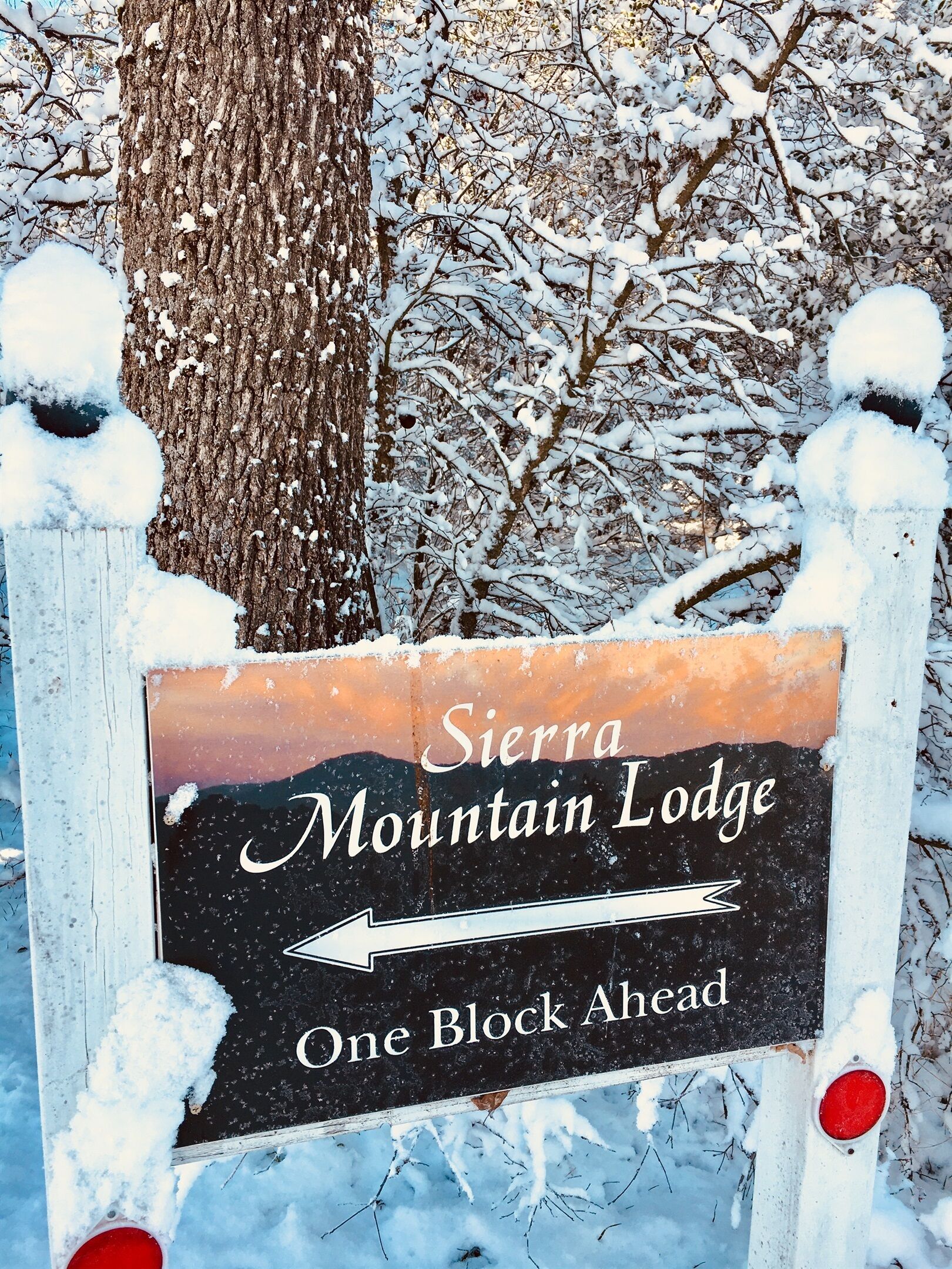 Skilt for Sierra Mountain Lodge med en pil, der peger mod højre og viser vejen til lodgen.