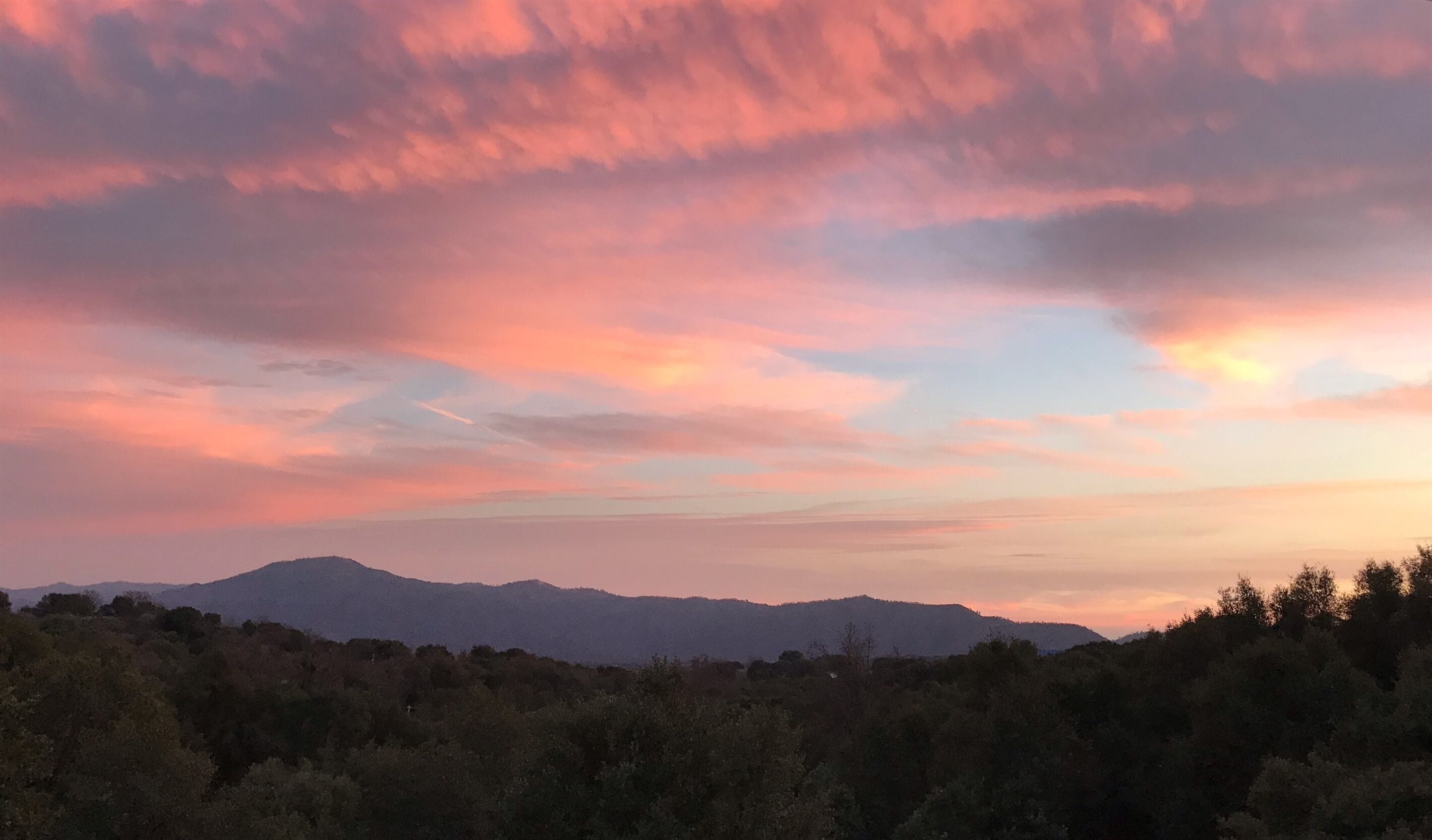 Paisaje montañoso con un primer plano boscoso y un cielo al atardecer.