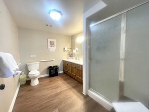 Shower, hair dryer, towels, soap - Sierra Mountain Lodge - 2 story -1 King -1 Queen - bathroom-Kitchenette & Views (Ahwahnee)