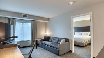 Desk, laptop workspace, blackout curtains, iron/ironing board