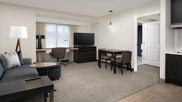 Desk, laptop workspace, blackout curtains, iron/ironing board