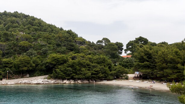 Una zona costera con una playa, una pequeña construcción de madera y colinas cubiertas de bosque denso.