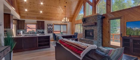 Flat-screen TV, fireplace, ping pong