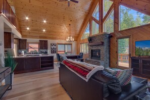 Flat-screen TV, fireplace, ping pong