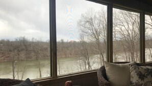 A room with a view of a river and trees, a table with a cat, and a sofa with cushions.
