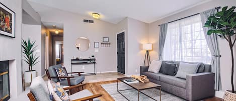 TV, fireplace, Hulu, books