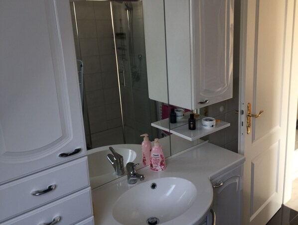 A bathroom with a white sink, a mirror, and a shower. There are toiletries on a shelf.