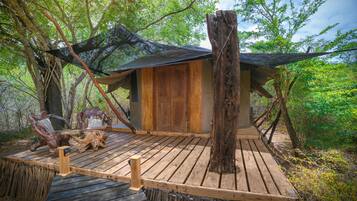 Escape to a secluded cabin nestled among the trees, offering a tranquil retreat with a clear view of the surrounding forest.