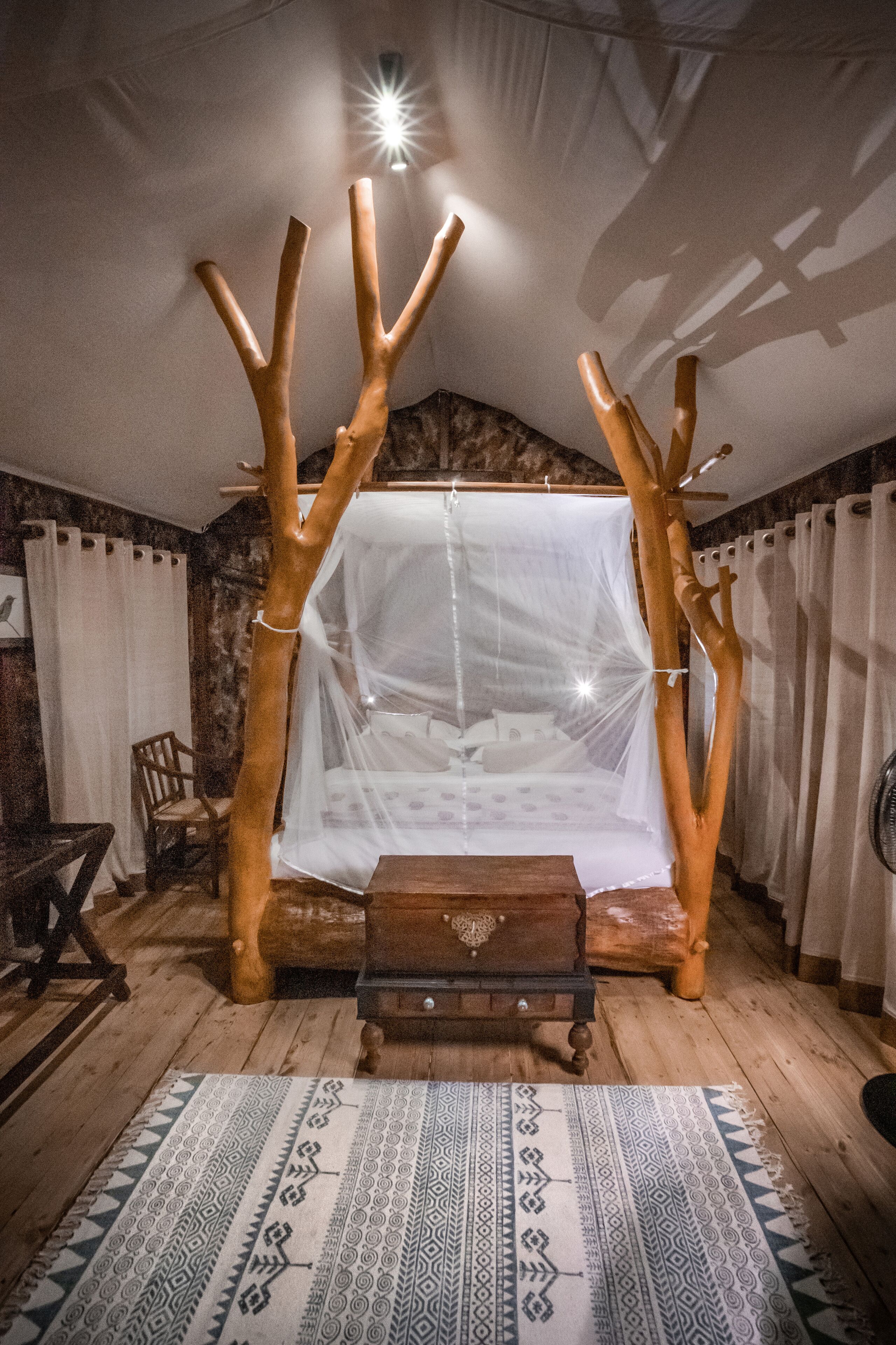 A room with a bed under a tree-like structure, a wooden bench, a patterned rug, and a chair.