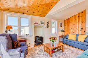 Smart TV, fireplace, DVD player, books