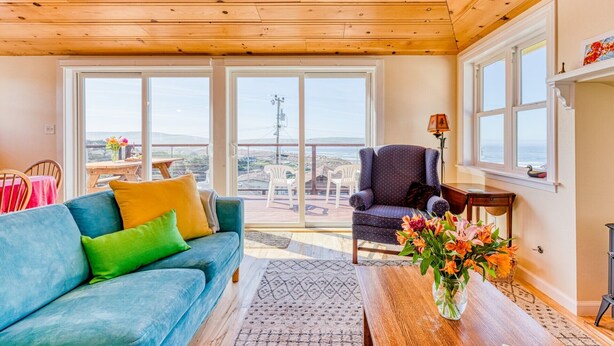 Ein gemütliches Zimmer mit einem blauen Sofa, einem gemusterten Sessel und einem Holztisch. Große Fenster bieten Ausblick ins Freie.