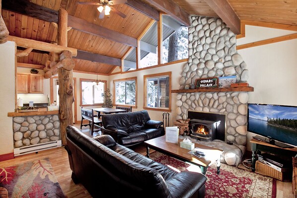 Smart TV, fireplace, DVD player, video library