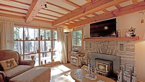 Una sala de estar acogedora con chimenea de piedra, vigas de madera, un televisor y un sofá.