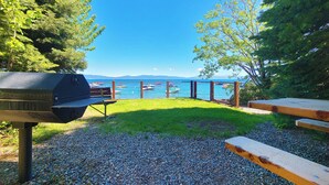 Un espace barbecue avec vue sur le lac et les montagnes.