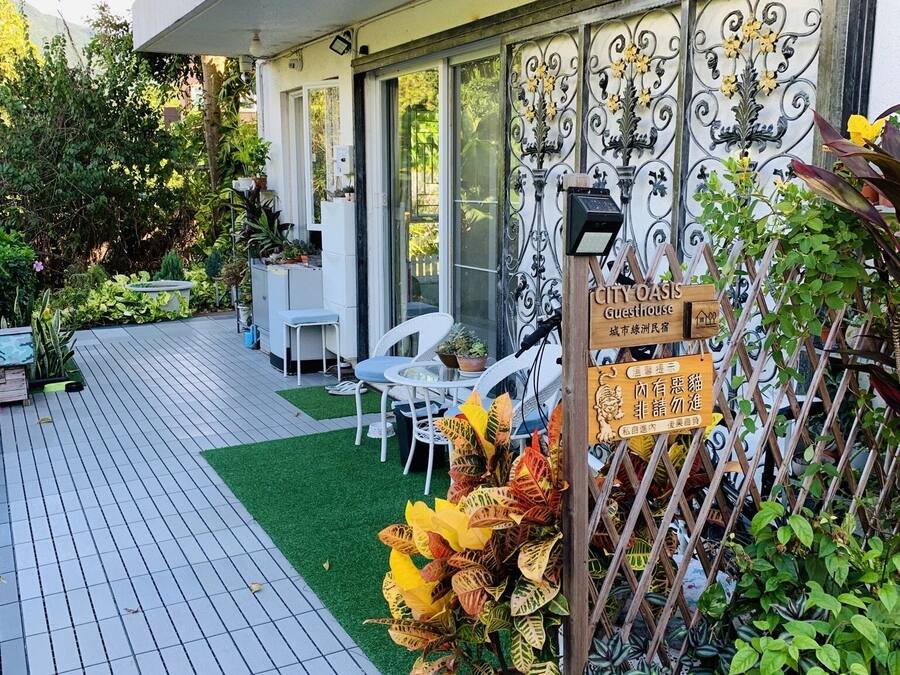 Una casa de huéspedes moderna con un patio, mobiliario exterior y plantas decorativas.