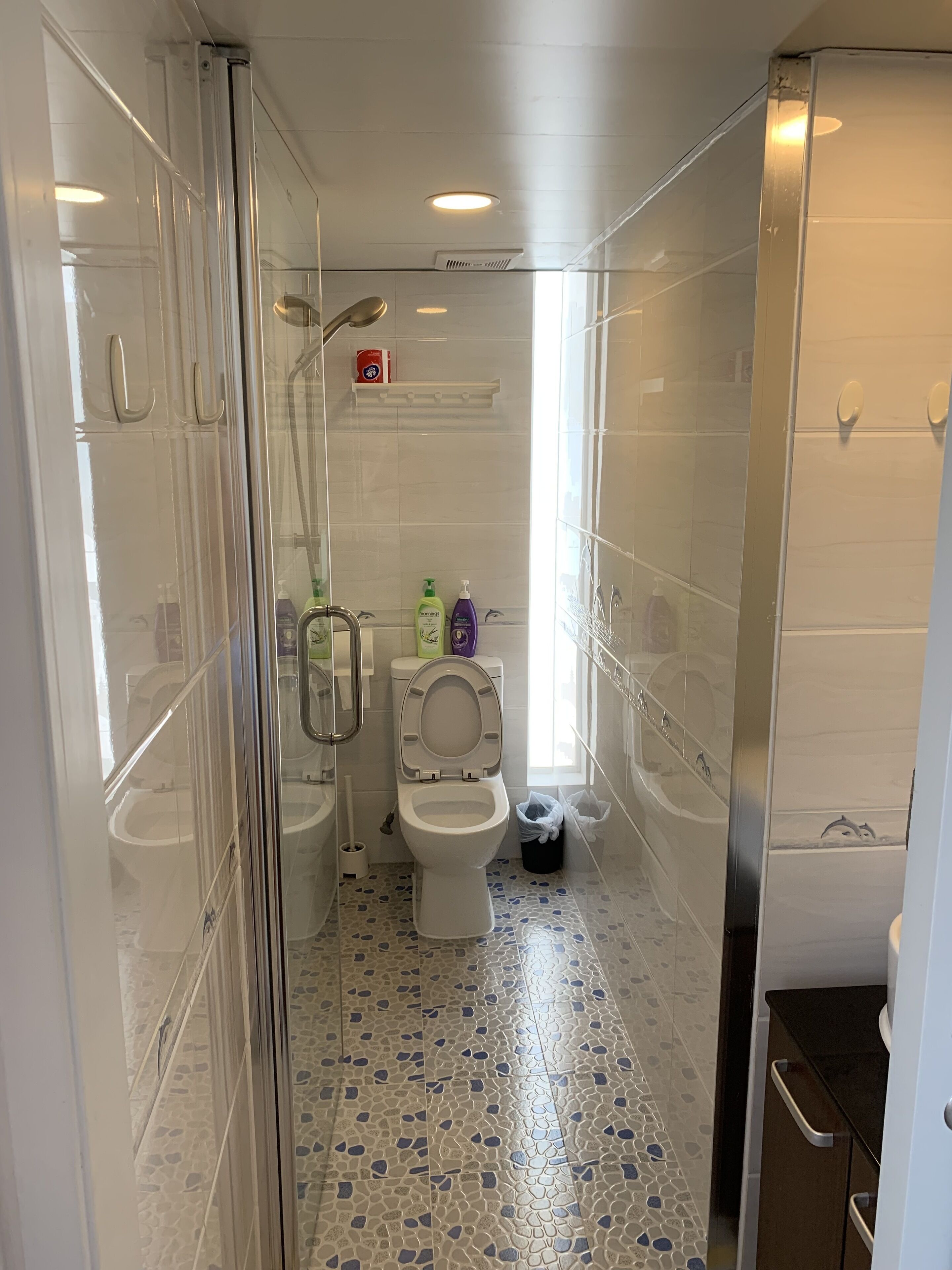 Een moderne badkamer met een douchecabine van glas, een toilet met een witte zitting en een wastafel met spiegel.