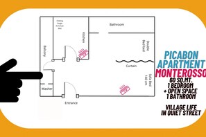 Plano de un apartamento de 60 metros cuadrados, con 1 dormitorio, 1 baño y un espacio abierto. Incluye un balcón, cocina y una cortina en el baño.