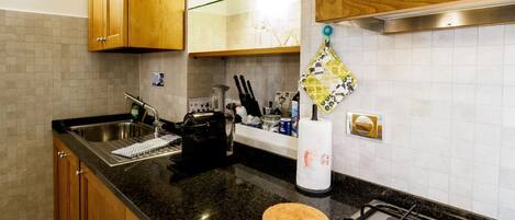 Fridge, stovetop, coffee/tea maker, toaster