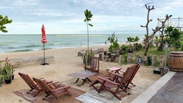 On the beach, beach umbrellas, beach volleyball