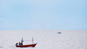 Un bote rojo sobre aguas tranquilas, con una costa rocosa al frente.