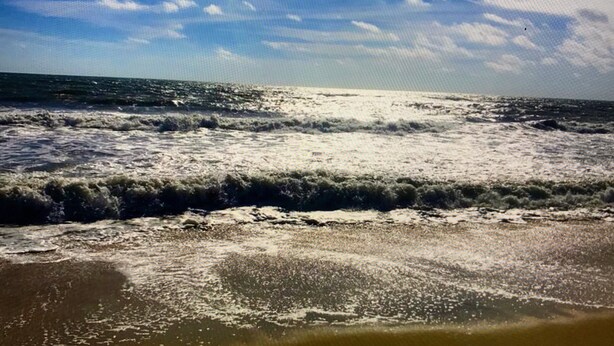 Une plage avec des vagues et un ciel dégagé.