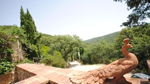 A terracotta statue of a peacock on a brick ledge overlooking a lush, green valley.