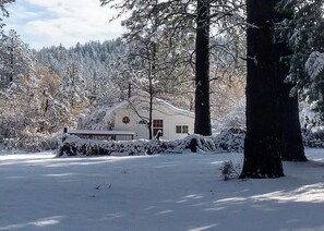 A snow-covered house with a porch, surrounded by trees and a forest. - Meadow Creek Cabin - Camino, CA (Camino)