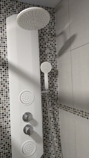 Regadera, toallas, jabón, papel de baño