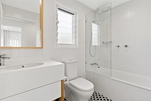 Combined shower/tub, hair dryer