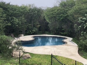 Una piscina de borde curvo, rodeada por un solárium de hormigón y una zona ajardinada.