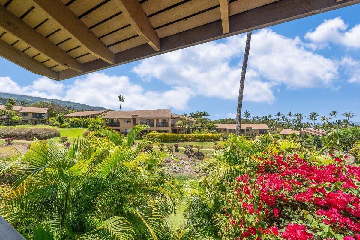 Resort com vários edifícios, vegetação exuberante e céu limpo.