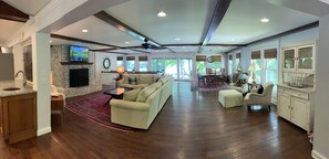 Télévision, cheminée, livres, chaîne hi-fi