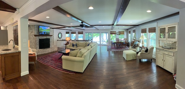 TV, fireplace, books, stereo
