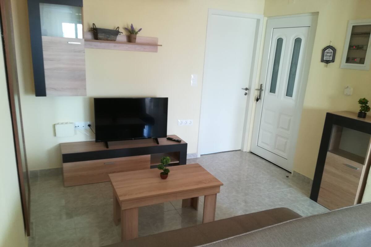 A living room with a flat-screen TV on a wooden stand, a small table with a plant, and a door with a glass panel.