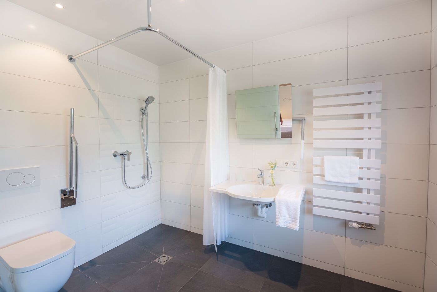 Ein modernes Badezimmer mit Dusche, Toilette und Waschbecken.