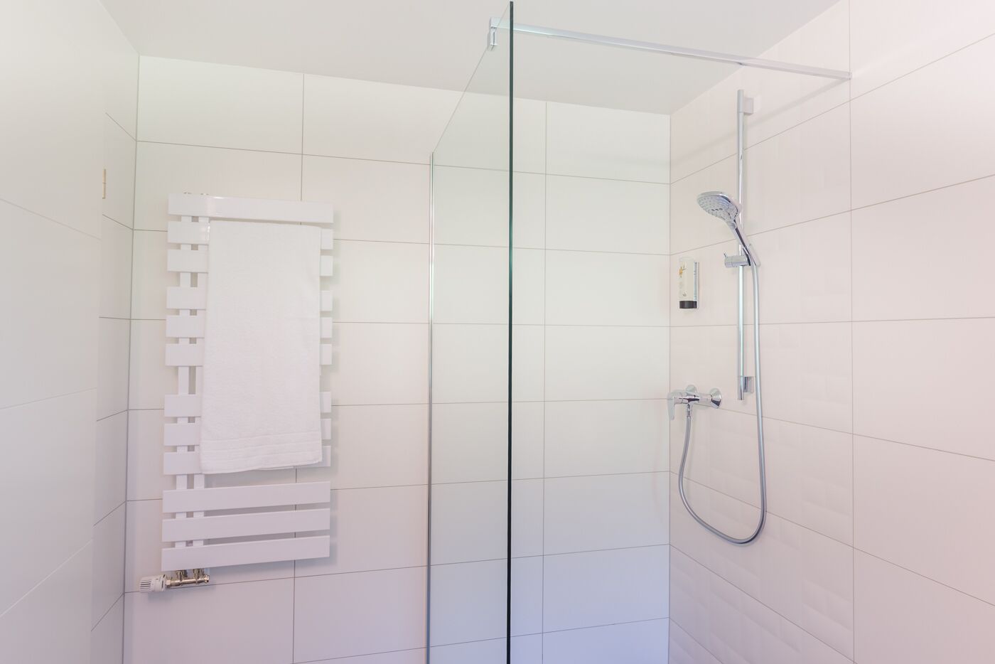 A modern bathroom with a glass shower enclosure, a white towel rack, and a handheld showerhead.