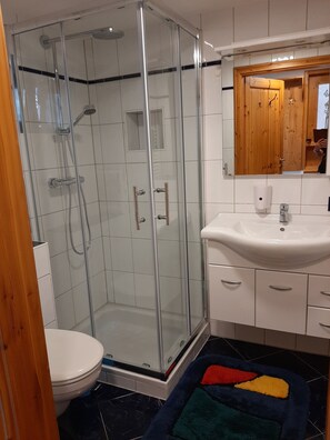 Shower, hair dryer, towels, soap