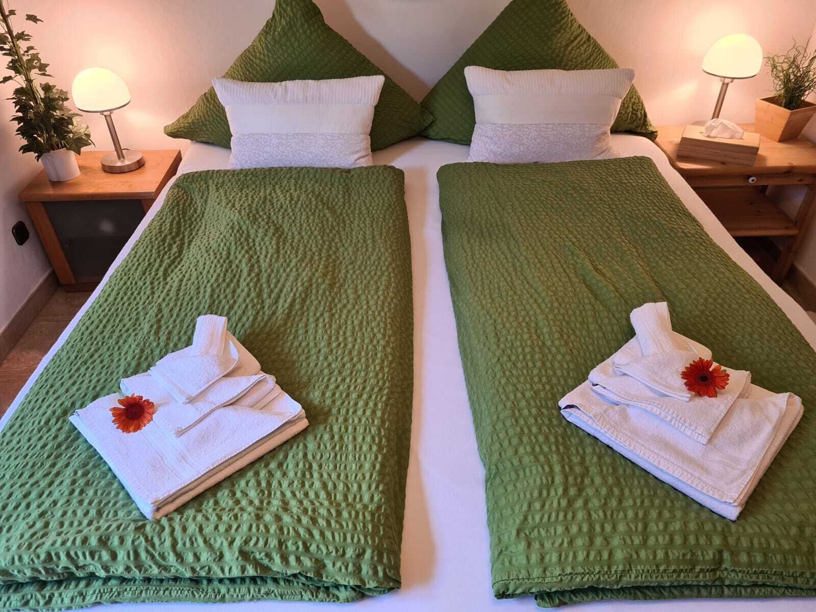 Een tweepersoonskamer met twee bedden, elk voorzien van een groen geweven sprei en witte kussens. Er staan twee nachtkastjes met lampen en een potplant aan één kant.