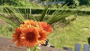 A lake view with a wooden deck and a vase of orange flowers in the foreground. - House with lake view and terraces - spacious (Edertal - Bringhausen)