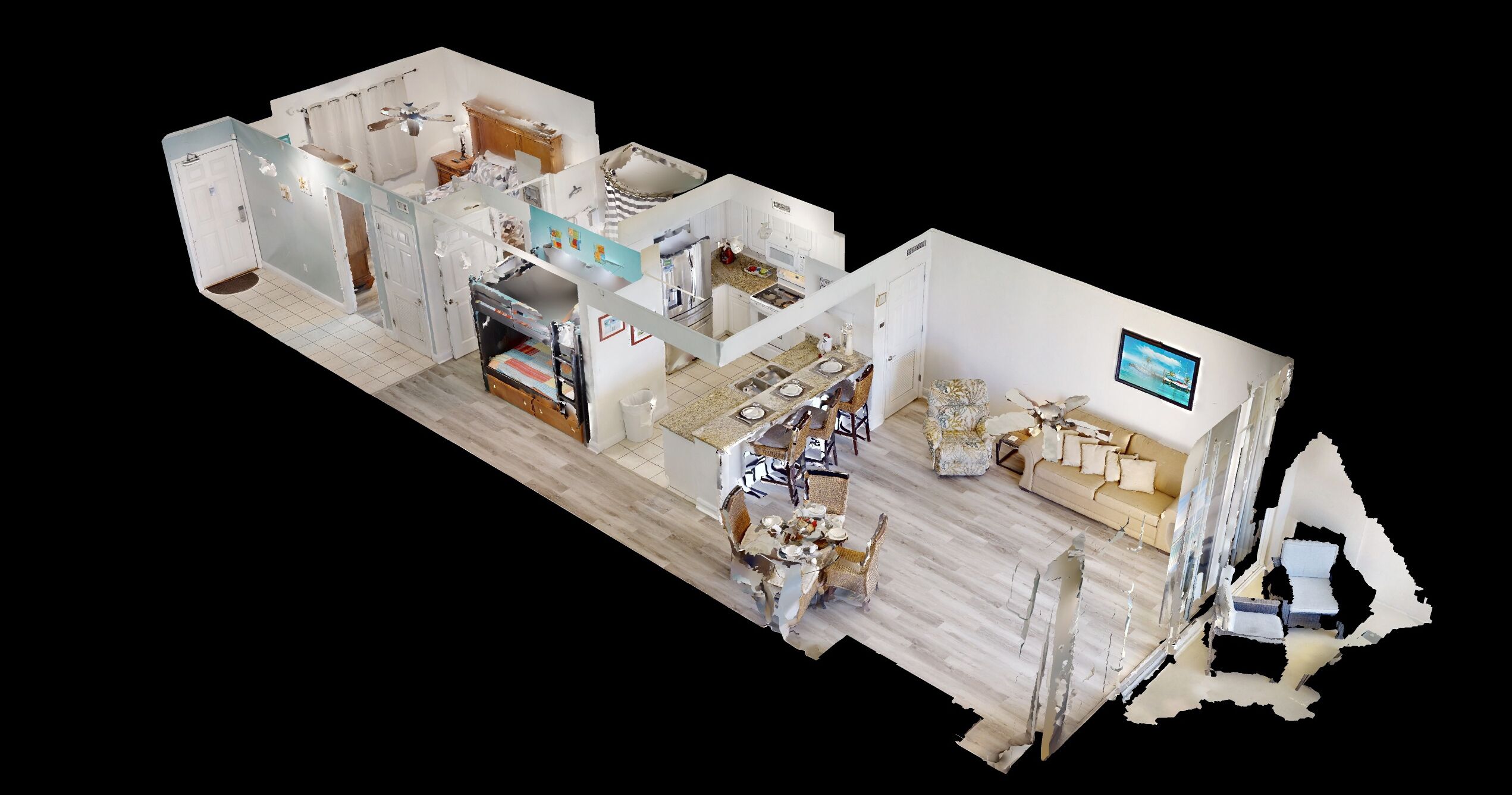 A 3D model of a hotel room with a kitchen, dining area, and living room.