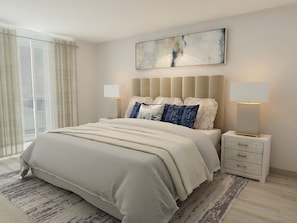 Relax in this serene bedroom with a large bed, bedside tables, and a stunning abstract painting.