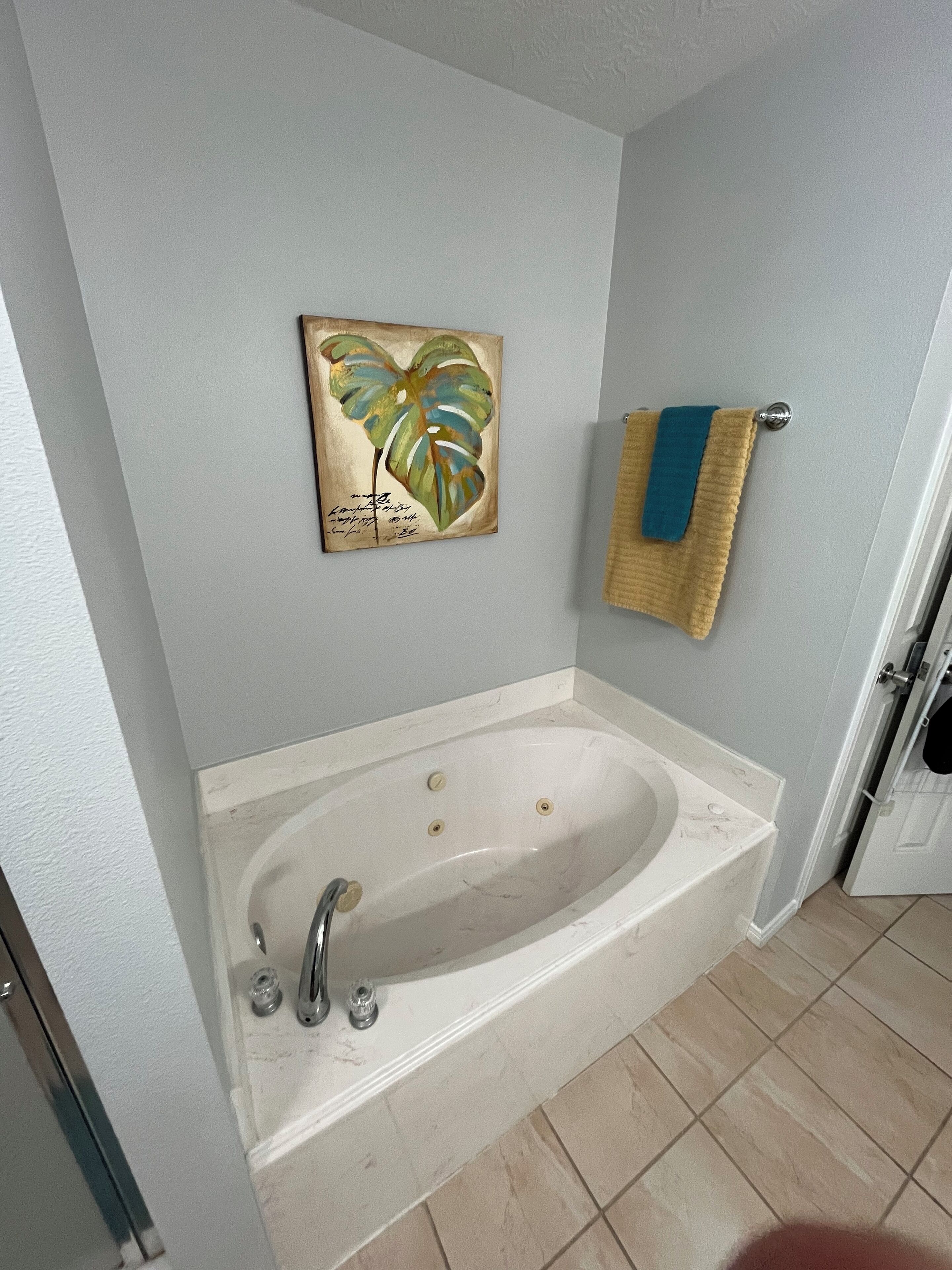 Une salle de bain avec une baignoire, un porte-serviettes et un tableau au mur.