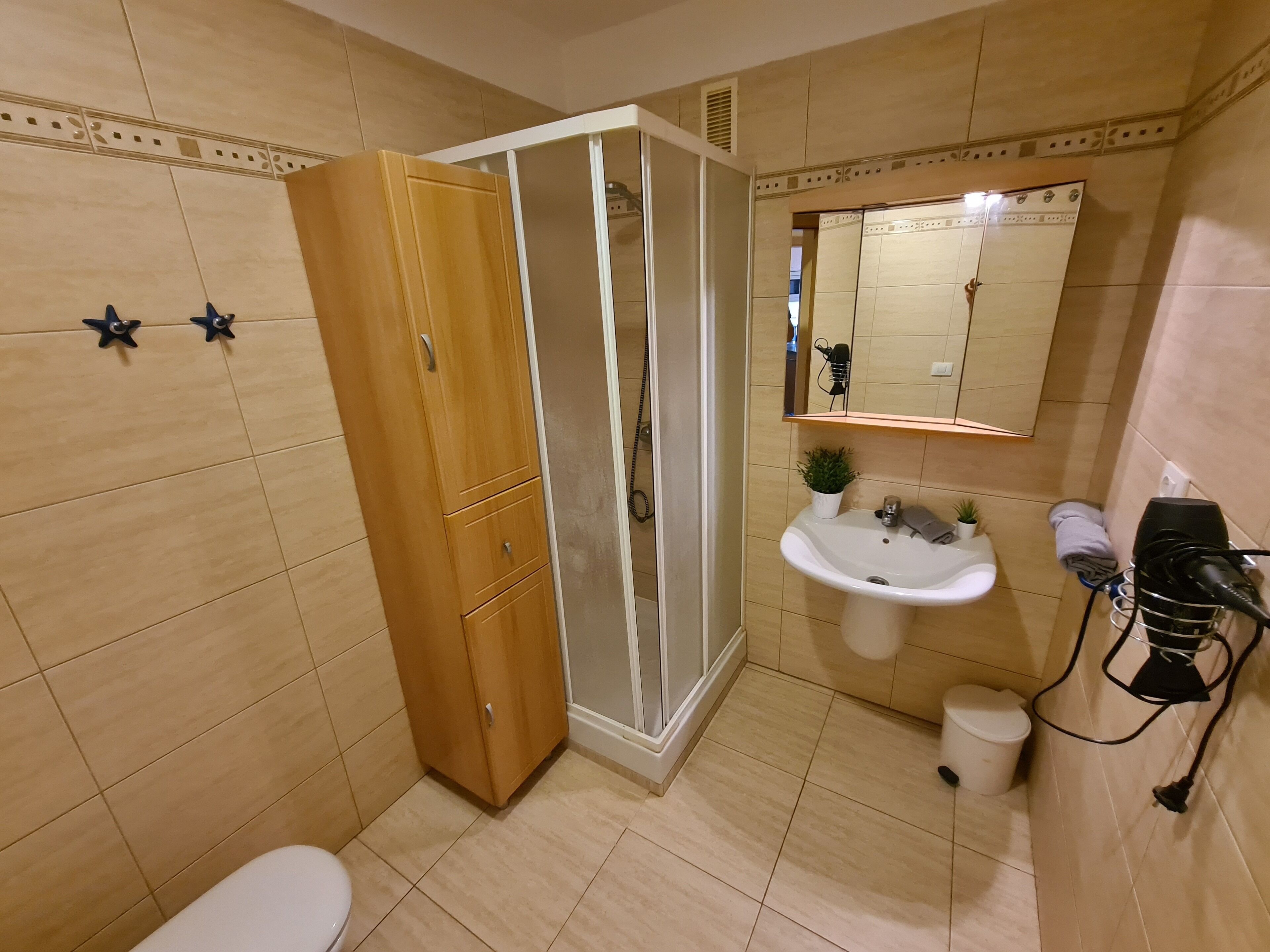Un baño con un armario de madera, ducha con mampara de vidrio, lavabo con espejo y perchero para toallas.