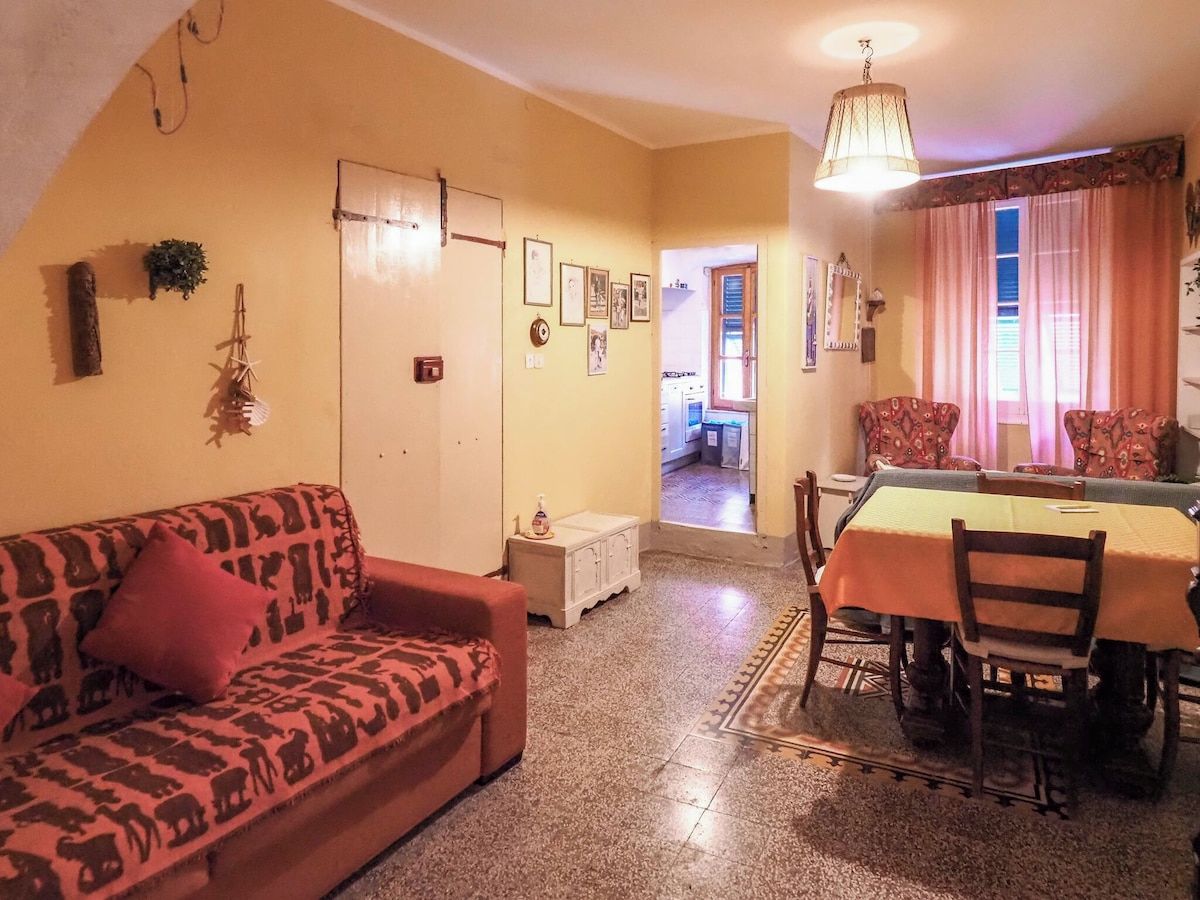 Un soggiorno con divano, tavolo da pranzo, sedie e angolo cottura sullo sfondo.