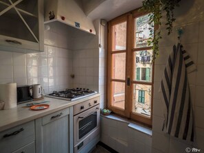 Een koelkast, een oven, een kookplaat, een koffiezetapparaat/waterkoker