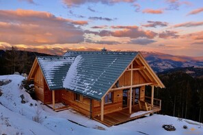 Une cabane en bois avec un toit en pente, de grandes fenêtres et un balcon.