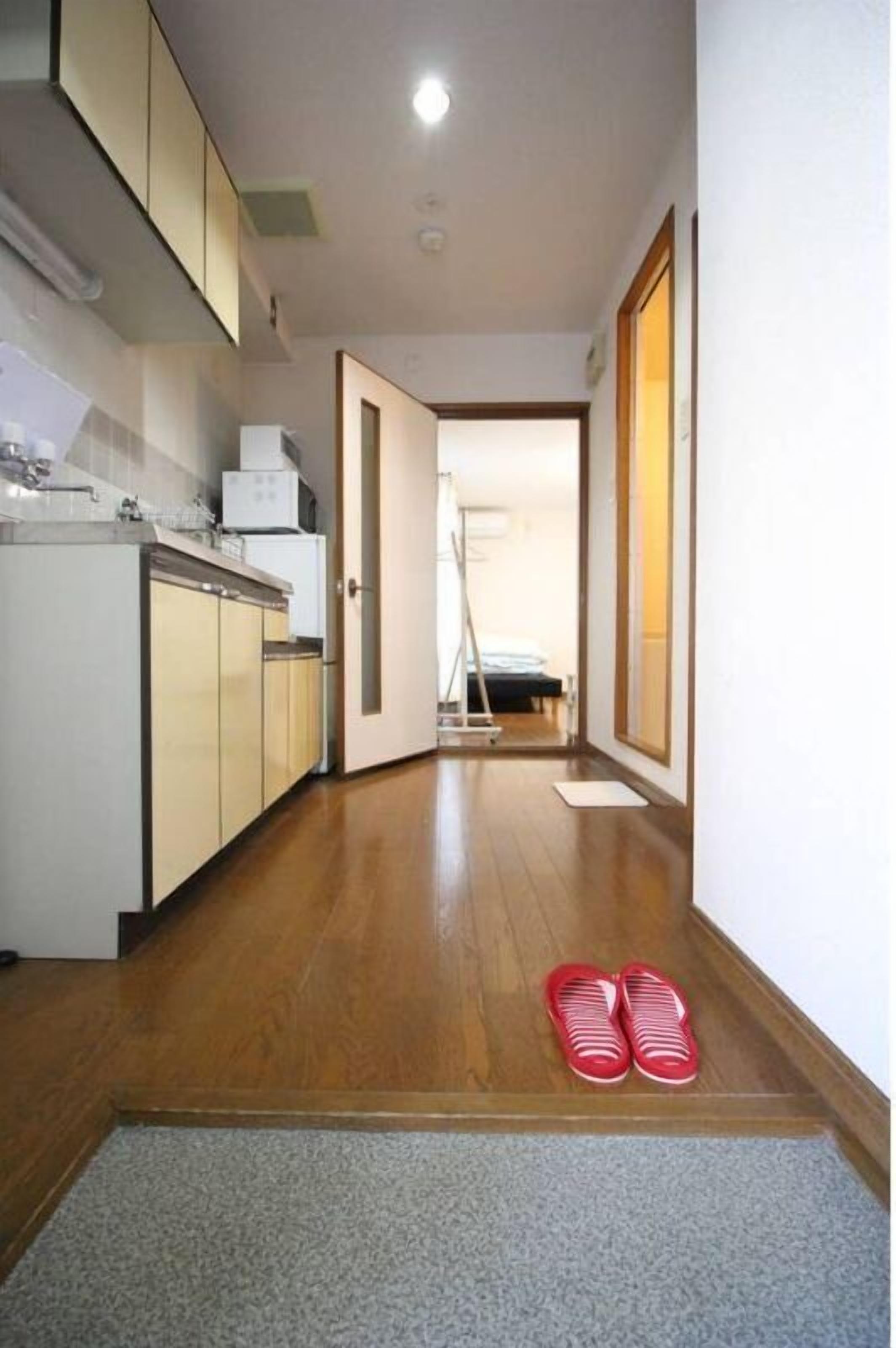 A narrow hallway with a kitchen on the left, a door leading to another room on the right, and a pair of red slippers on the floor.