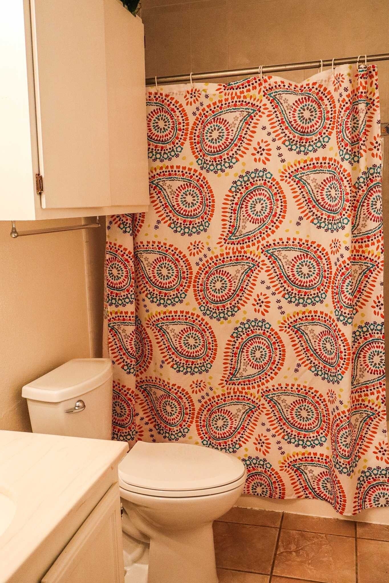 A bathroom with a toilet, a sink, and a shower curtain with a paisley pattern.